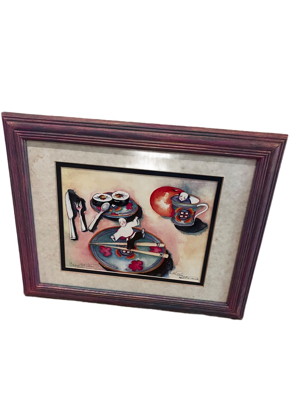 Vintage Rochelle Salzer Signed "Chop Sticks" Serigraph Print Hawaii Wood Frame